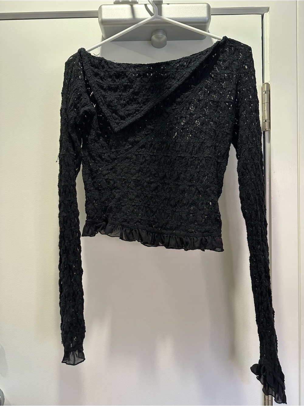 Free People Black Lace Ruffle Trim Long-Sleeve Top